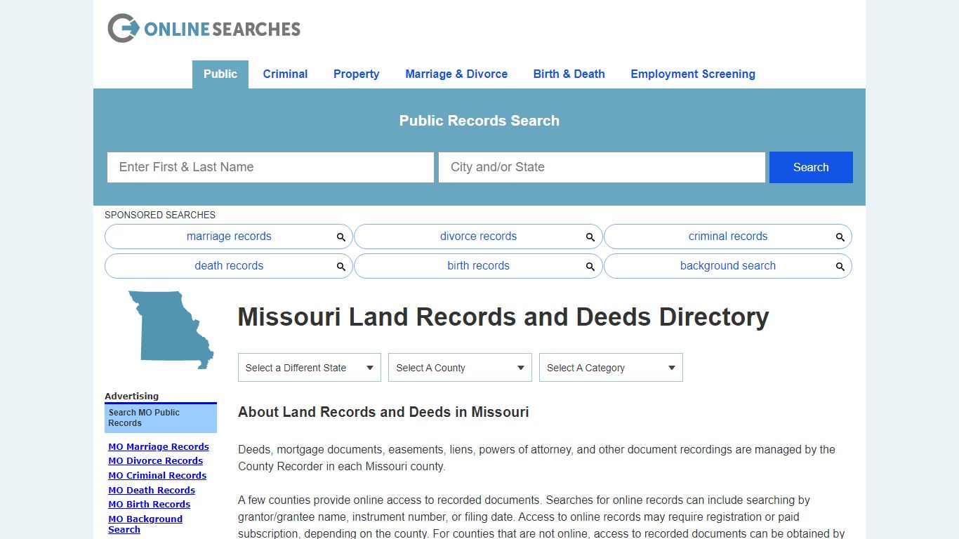 Missouri Land Records and Deeds Directory - OnlineSearches.com